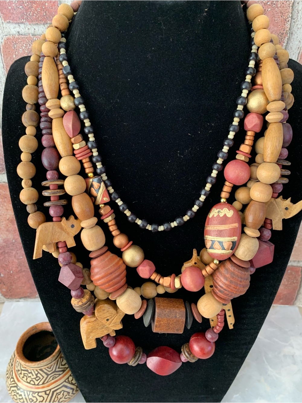 African Wood Beaded Safari Necklace Set of Five (5)